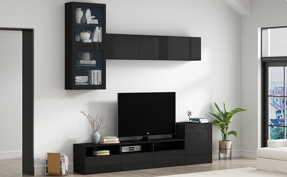 ON-TREND High Gloss TV Stand with Ample Storage Space, Media Console for TVs Up to 78', Versatile Entertainment Center with Wall Mounted Floating Storage Cabinets for Living Room, Black