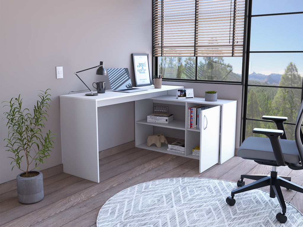 Dallas L-Shaped Home Office Desk, Two Shelves, Single Door Cabinet