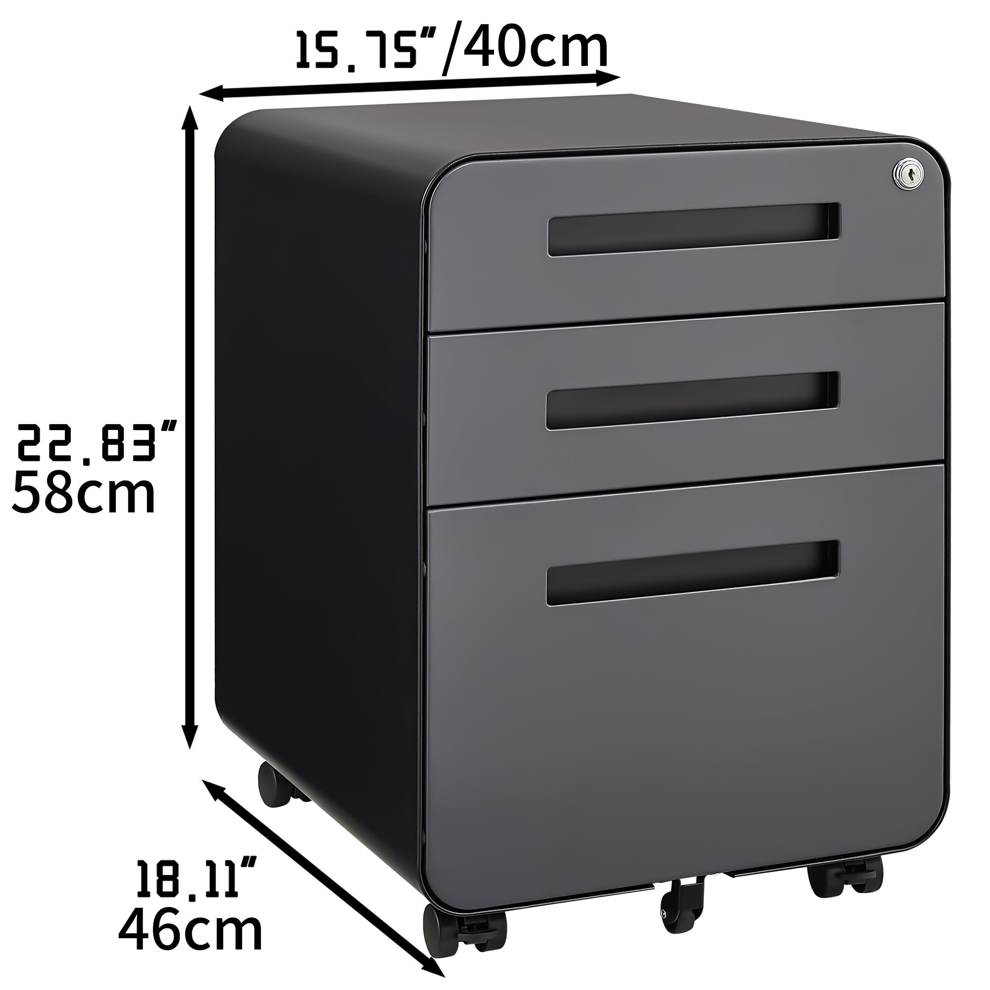 Rounded 3 drawer mobile filing cabinet, simple style multifunctional legal/letter/A4 file storage cabinet, 5-wheel design with anti tilt cold-rolled steel material