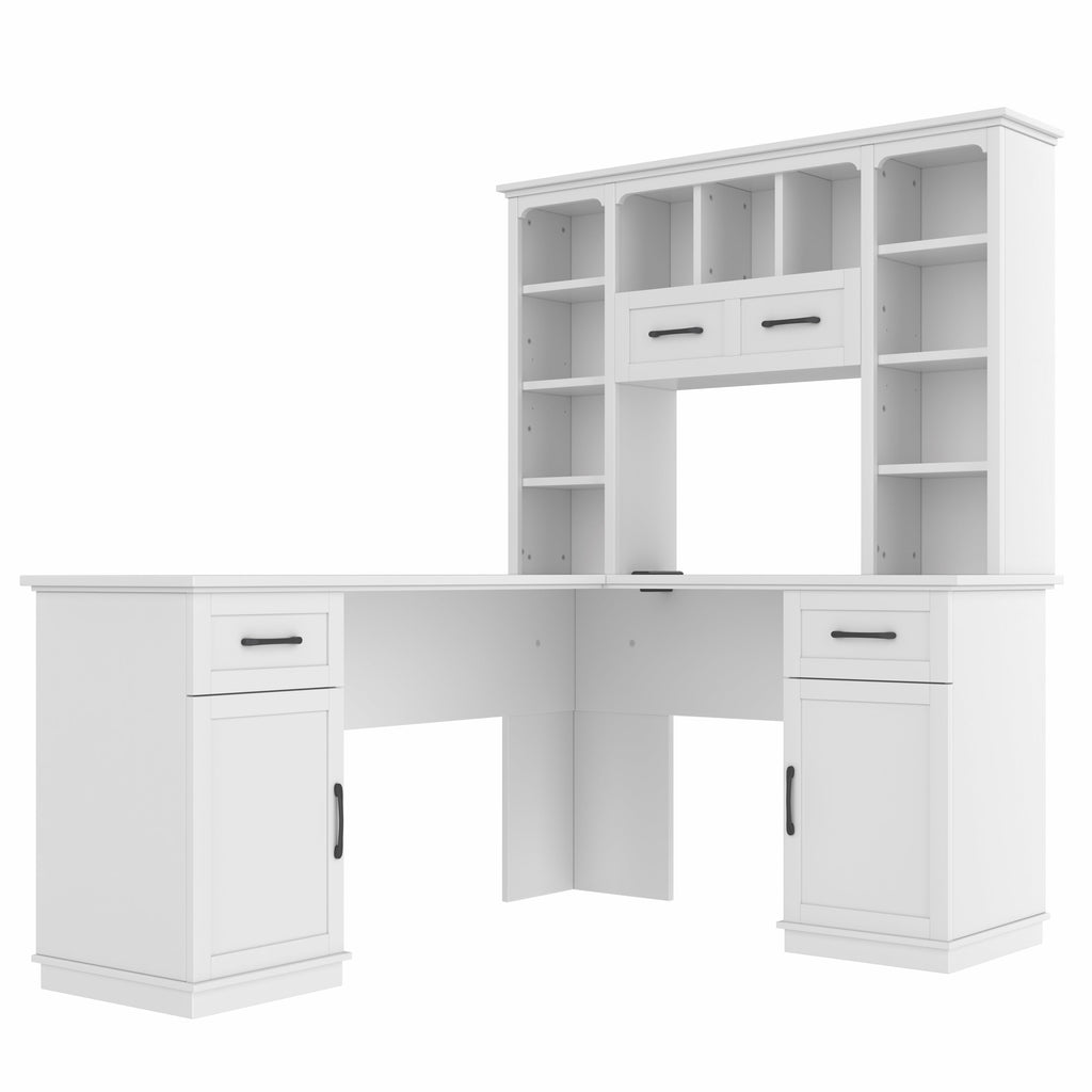 L-Shaped Computer Desk with 2 Cabinets and 2 Drawers, 11 Open Shelves , with Electrical Outlet, for Study, Living Room and Office, White