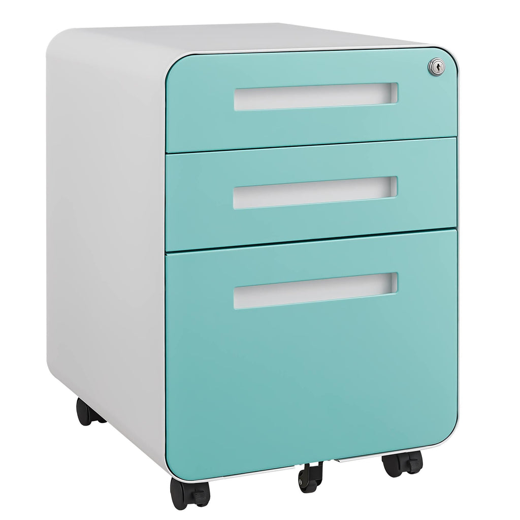 Simple Style 3 Drawer Mobile File Cabinet Under Desk Office Storage in White+Green, Metal, 18x15.75x22.83 inches