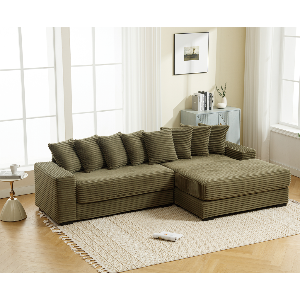 [NEW ARRIVED] [VIDEO PROVIDED] Oversized Two-Piece Couches, L Shaped Sofa, Corduroy, Right Chaise Daybed,with Armrests,Eight Throw Pillows,Corner Sofa,Easy To Assemble, Green