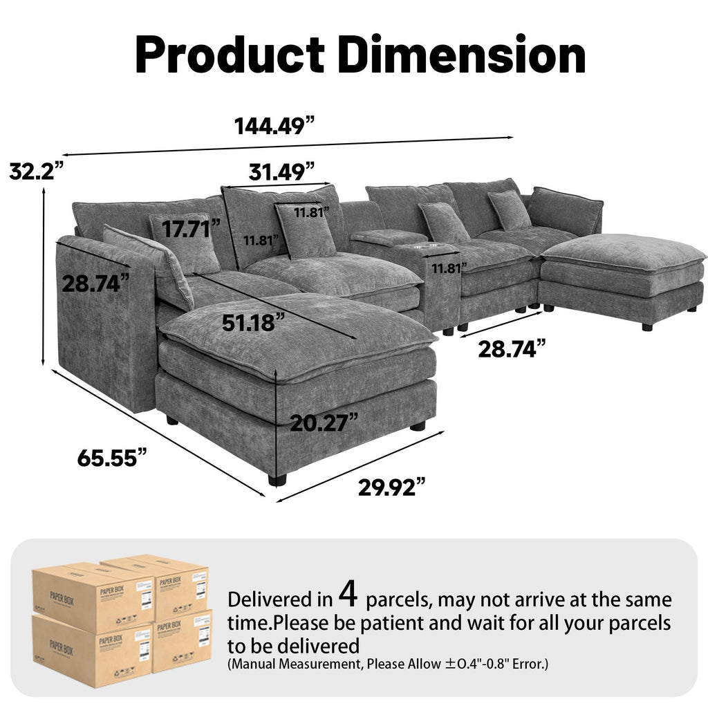 U Shaped Sectional Cloud Couch for Living Room,144' Comfy Fluffy Modular Sofa with Movable Ottoman Modern Chenille 6 Seat Sectional Sofa Set with Console, Cup Holders, Grey