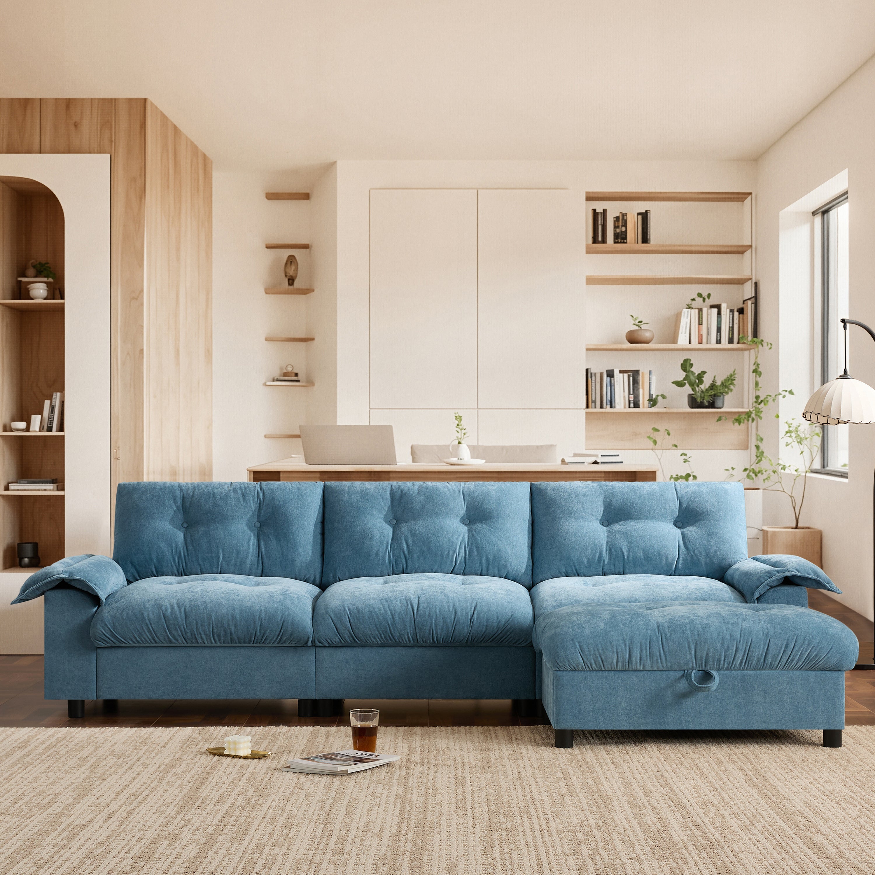 [VIDEO]104*60' Sectional Sofa, L-Shape with Multifunctional Armrest, Dual-Port Charging, Cup Holder, Side Storage Pockets, Movable Storage Ottoman, Unique Tufted Design, Soft Cushion, Chenille,3colors