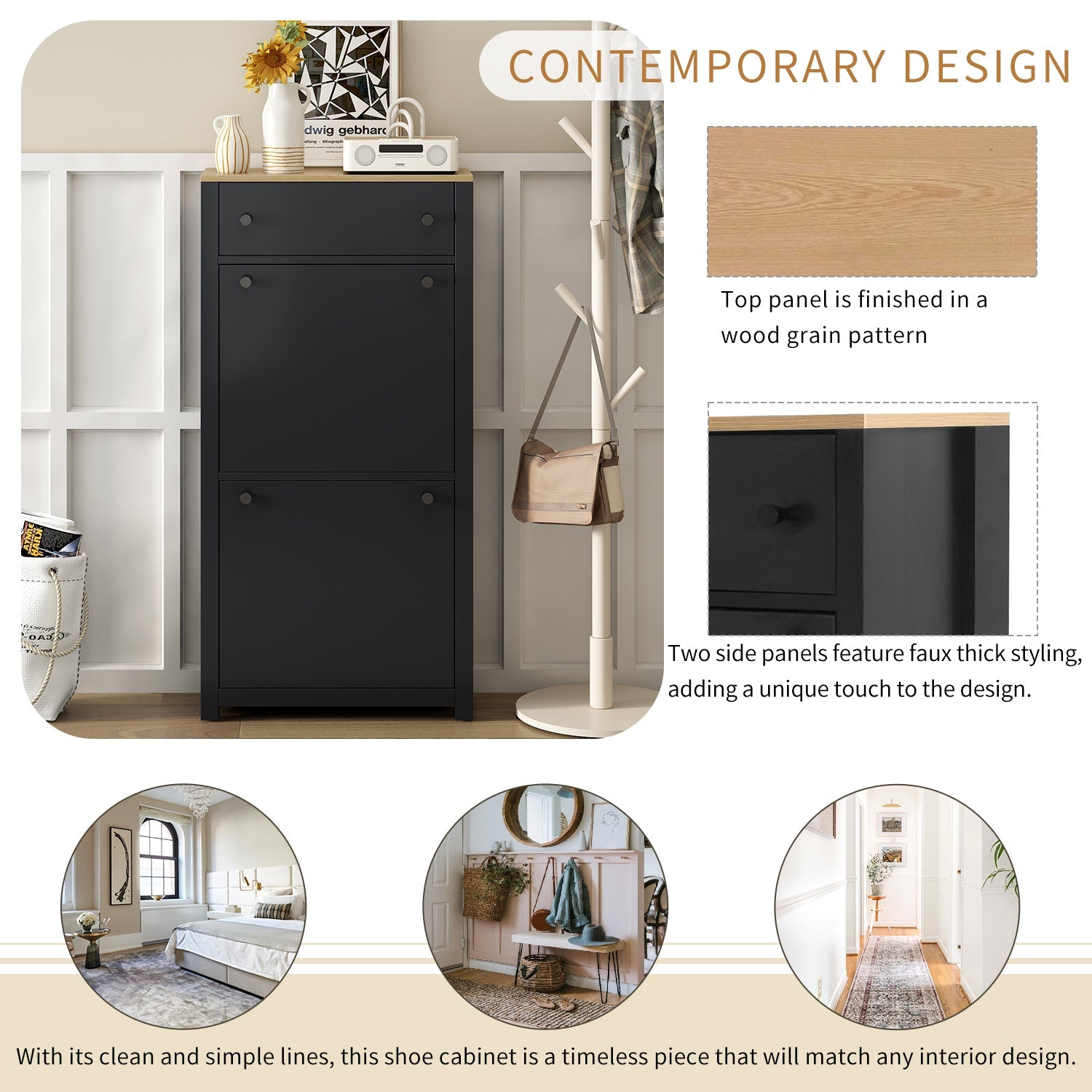 ON-TREND Functional Entryway Organizer with 2 Flip Drawers, Wood Grain Pattern Top Shoe Cabinet with Drawer, Free Standing Shoe Rack with Adjustable Panel for Hallway, Black