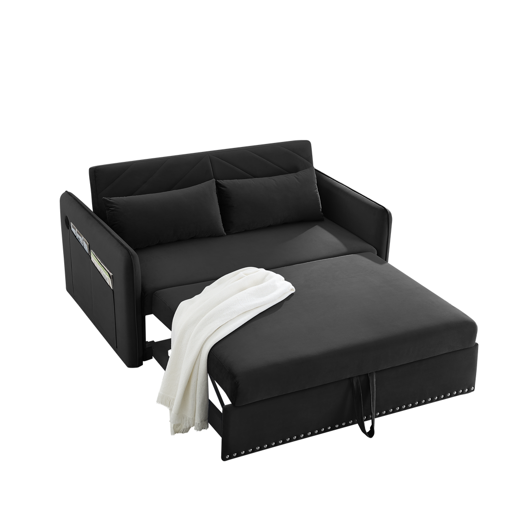 MH' Sleeper Sofa Bed w/USB Port, 3-in-1 adjustable sleeper with pull-out bed, 2 lumbar pillows and side pocket, soft velvet convertible sleeper sofa bed, suitable for living room bedroom