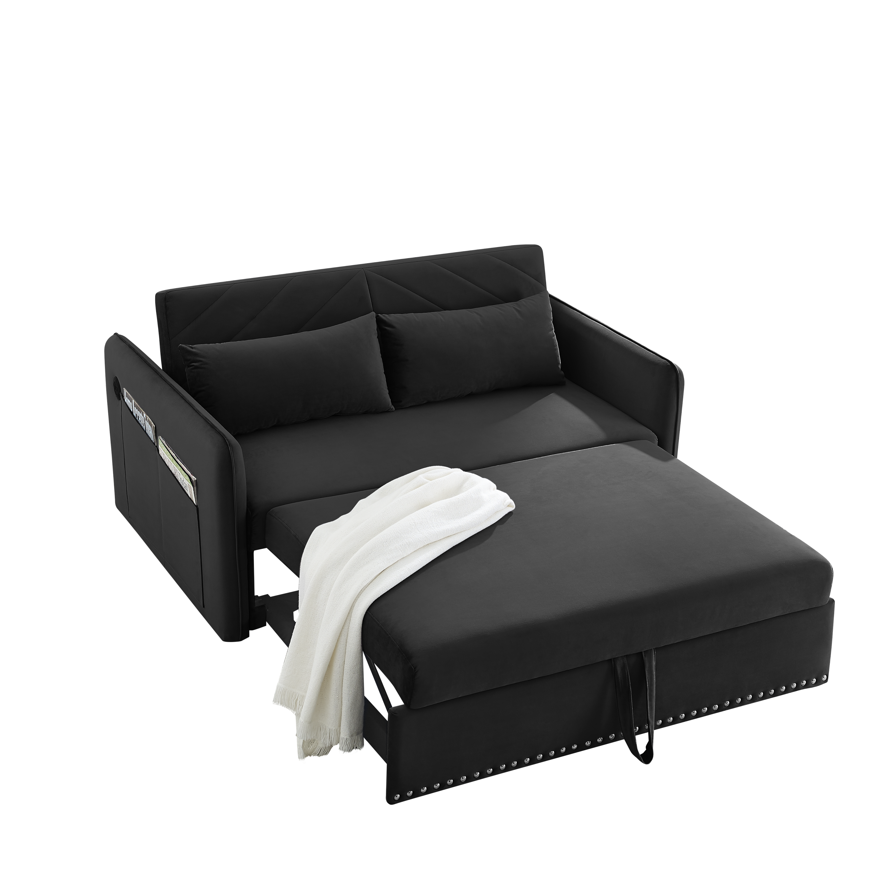 MH' Sleeper Sofa Bed w/USB Port, 3-in-1 adjustable sleeper with pull-out bed, 2 lumbar pillows and side pocket, soft velvet convertible sleeper sofa bed, suitable for living room bedroom