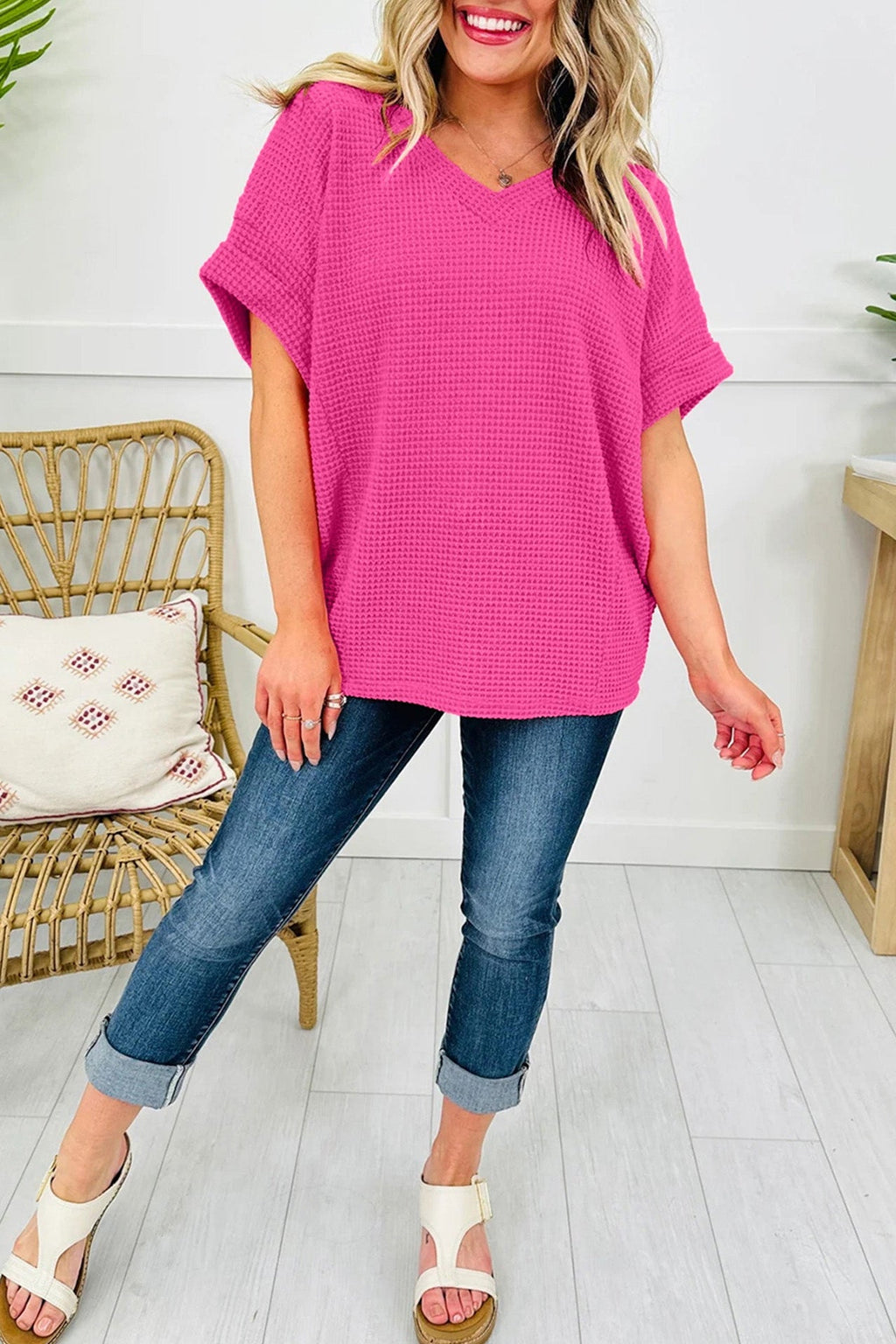 Solid Waffle Knit V-Neck Short Sleeve Top