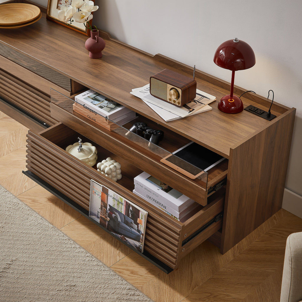 Mirod Modern TV Stand with Ample Storage,4 Drawer Design with Tempered Glass ,Built-in Charging Ports and Ambient LED Lighting ,Versatile for Any Decor Style