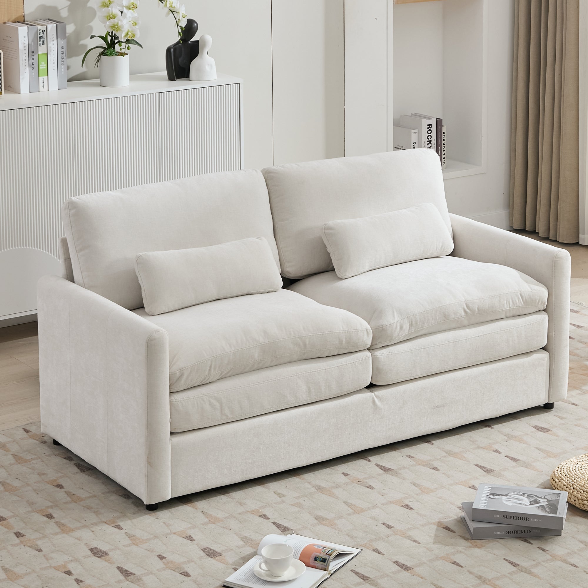 Cozy Upholstered Loveseat Sofa with Double Cushion Design in Beige Chenille, 68.1'