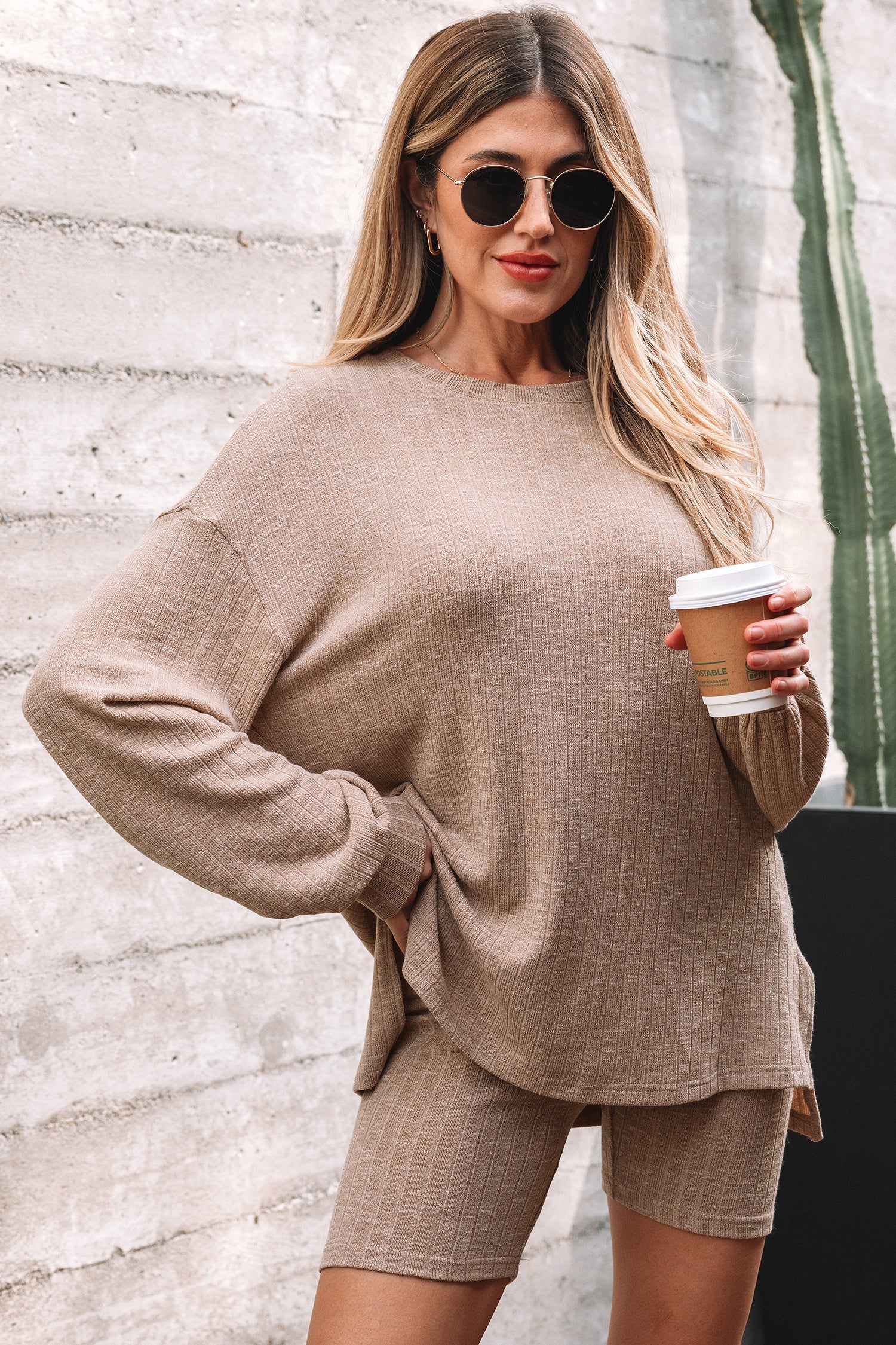 Ribbed Knit Pullover Top and Biker Short Set