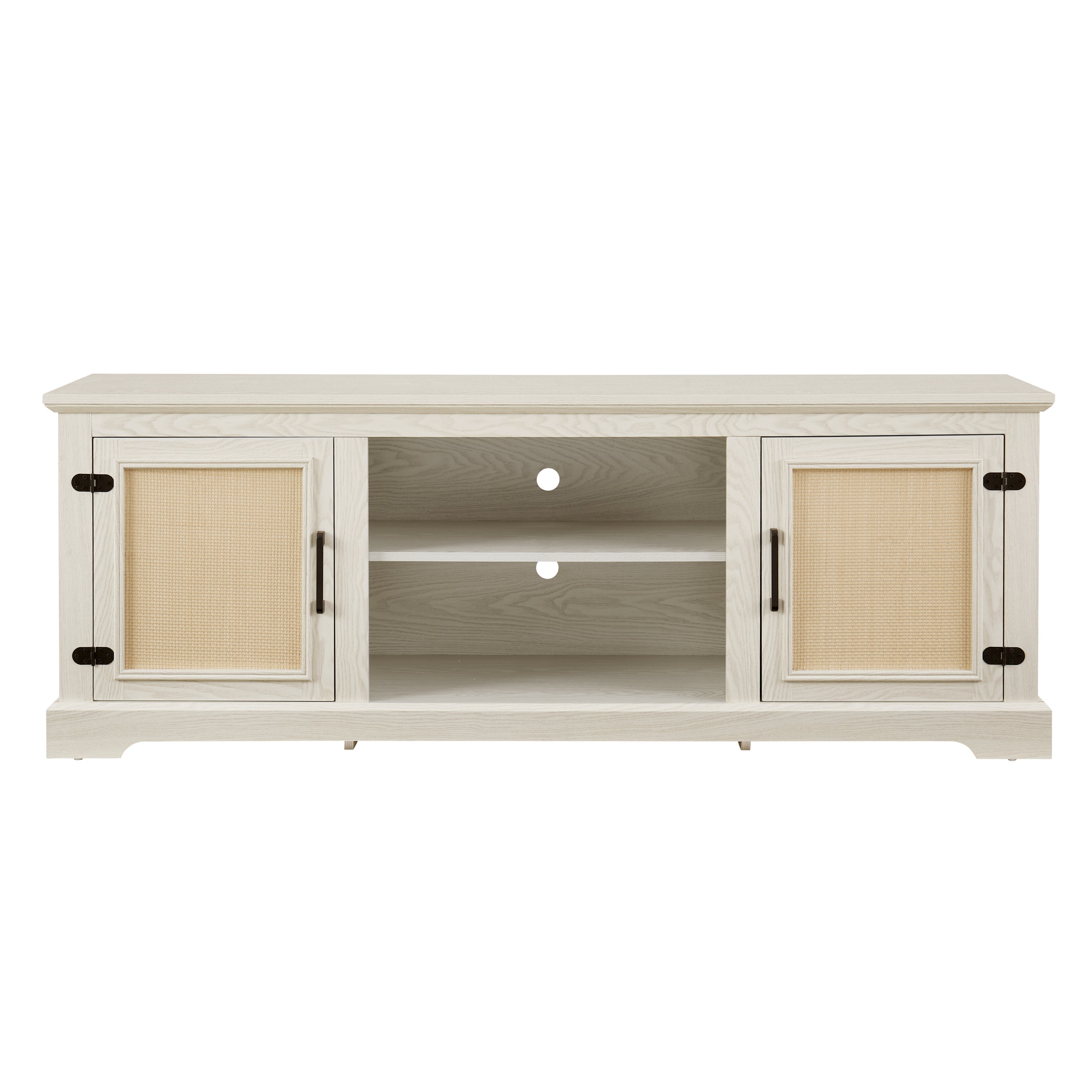 Farmhouse Rattan TV Stand Console Table for TVs up to 70 Inches, TV Console Table with 2 Storage Shelves, 2 Natural Rattan Door Cabinets,65'W*15.55'D*23.86'H, White