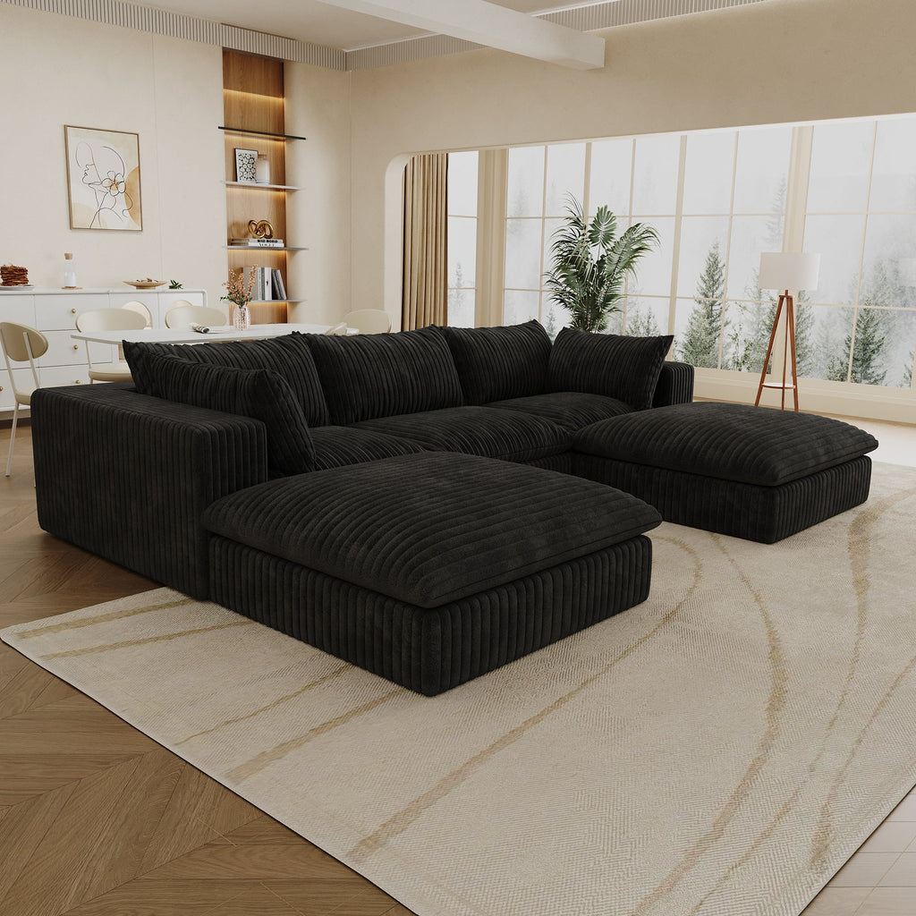 118.2' Cloud Sofa,Corduroy Fabric,Deep Seat Couches,Double-layer design,Removable Cushion,No Assembly, DIY Combination for Living room, Bedroom,Conference room ,Apartment,Black