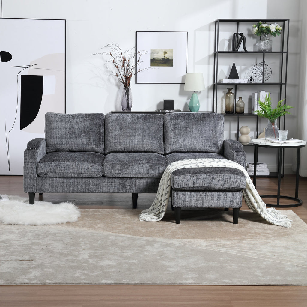 UNITED  WE WIN Sofa for three, solid wood frame, Chenille fabric, side pocket, with two cup holders, footstool with storagestorage sofa /Living room sofa cozy sectional  sofa