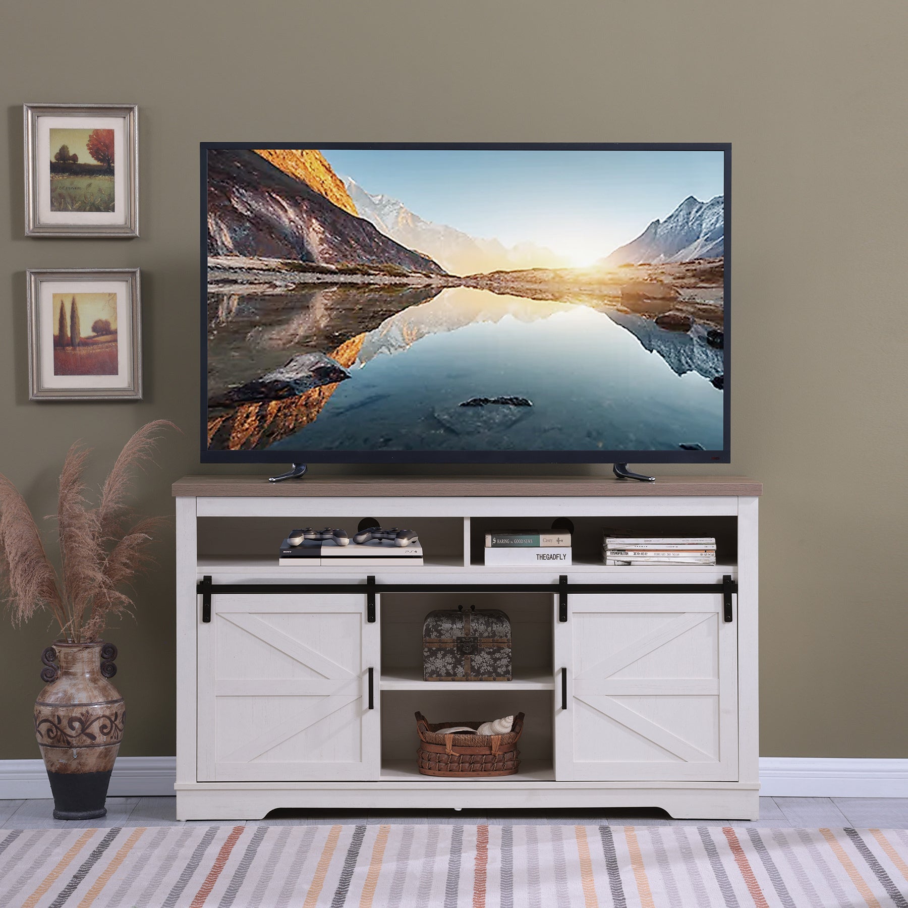 Farmhouse TV Stand for 65+ Inch TV, 33' Tall Highboy Entertainment Center w/Sliding Barn Door, Rustic Media Console w/Storage Shelves, Wood Television Stand for Living Room, Antique White