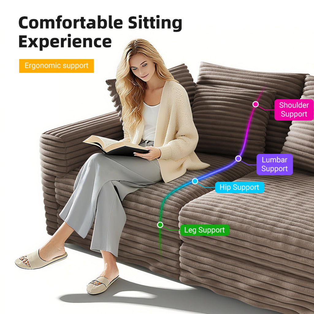82.7 ' Plush Corduroy 3-Seat Sofa, Modern Comfy Upholstered Sofa Cloud Couch, Deep Seat Couches with Soft Pillows and 1 Ottomans, Convertible Sofa Lounge Chair, for Living Room,Apartment,Office,Camel