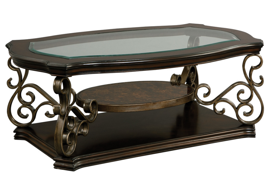 Cocktail Table, Glass table top, MDF W/marble paper middle shelf, powder coat finish metal legs. (52'Lx32'Wx20.3'H)