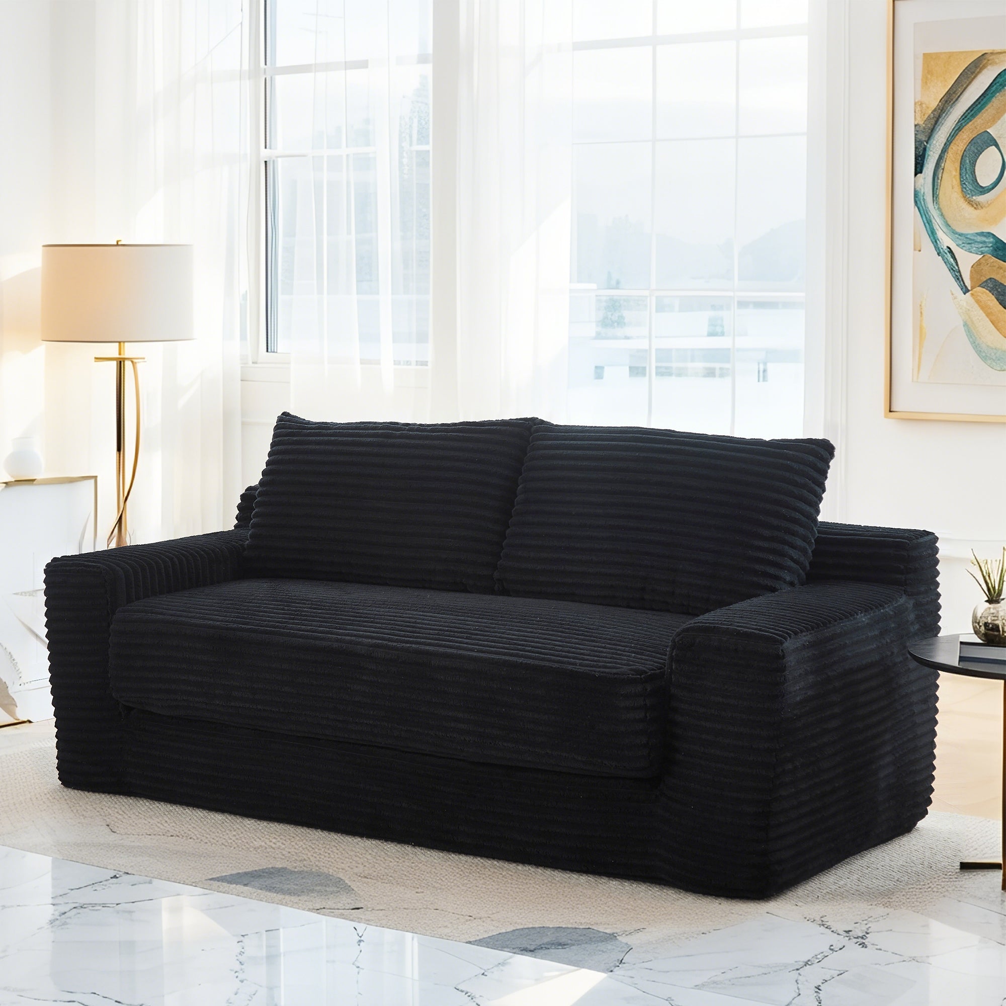 Loveseat Sofa  with Memory Foam & Steel Frame - No Assembly, Convertible 2-in-1 Design, Corduroy Fabric - Compact Couch for Small Spaces, Apartments, Home Office & Bedroom (Black)