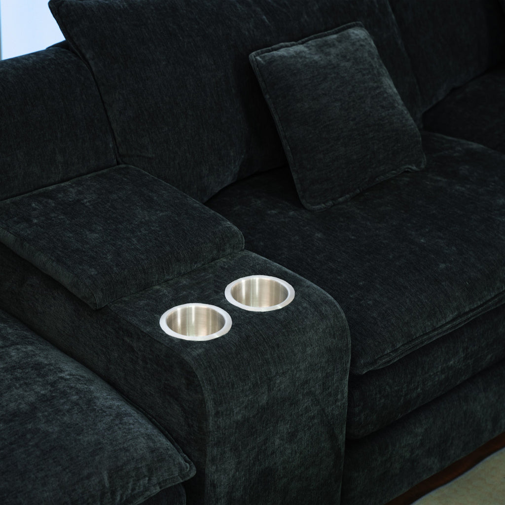 U Shaped Sectional Cloud Couch for Living Room,144' Comfy Fluffy Modular Sofa with Movable Ottoman Modern Chenille 6 Seat Sectional Sofa Set with Console, Cup Holders,Black