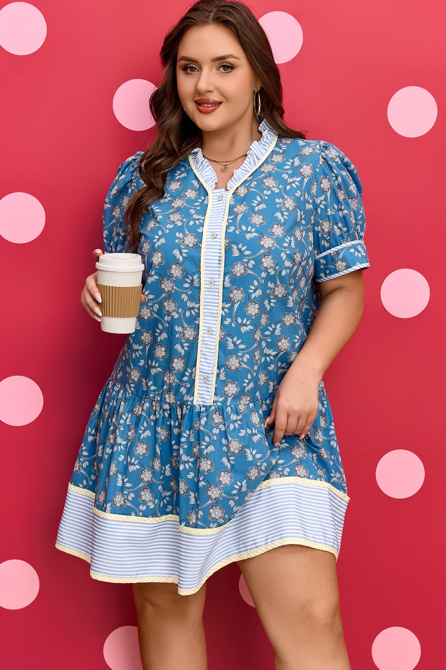 Plus Size Floral Stripe Patchwork Ruffle Dress