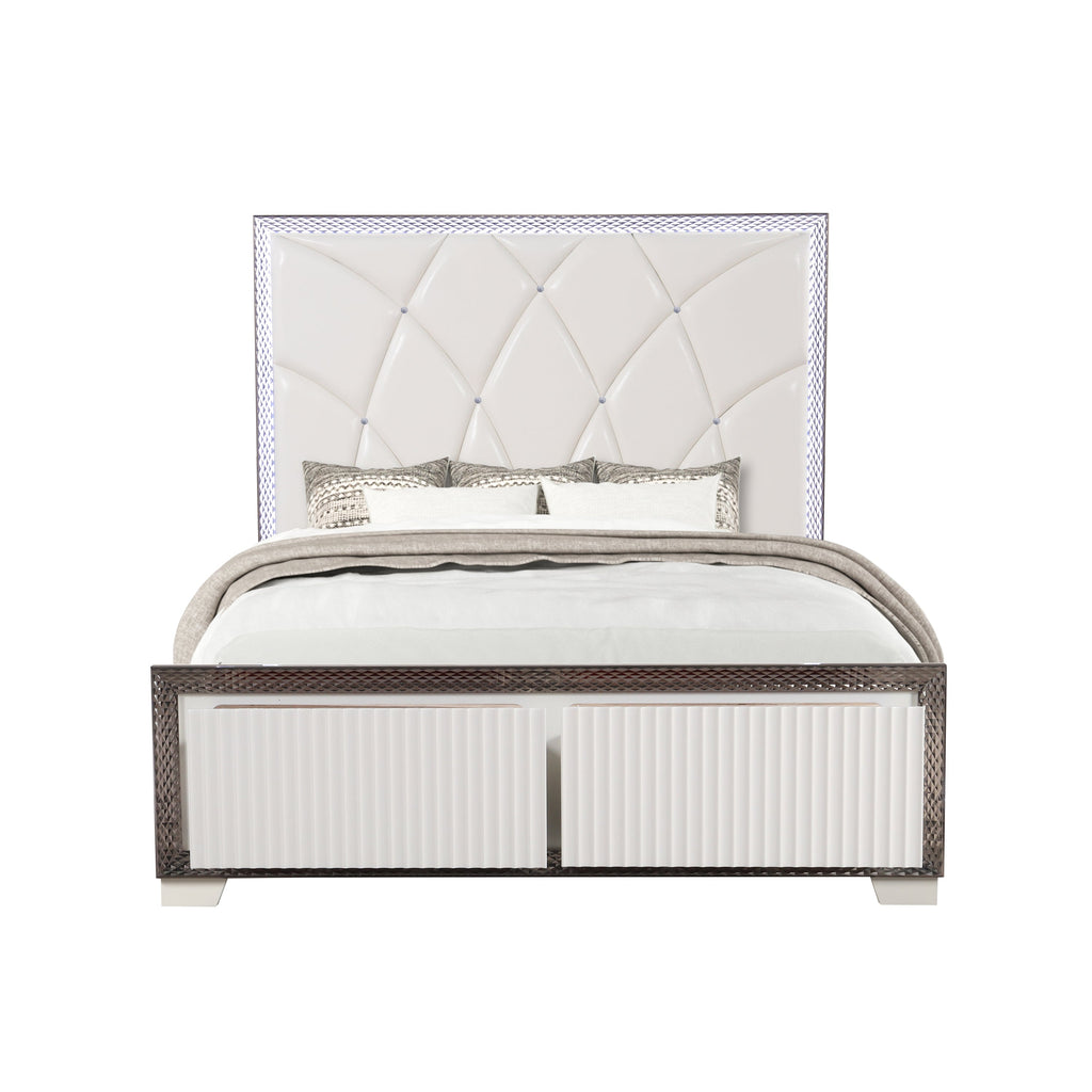 Fabio Contemporary Style Queen 5PC Bedroom set Made with Diamond-Shaped Side Accents, LED Lighting and Wood in White Finish (NJ INVENTORY)