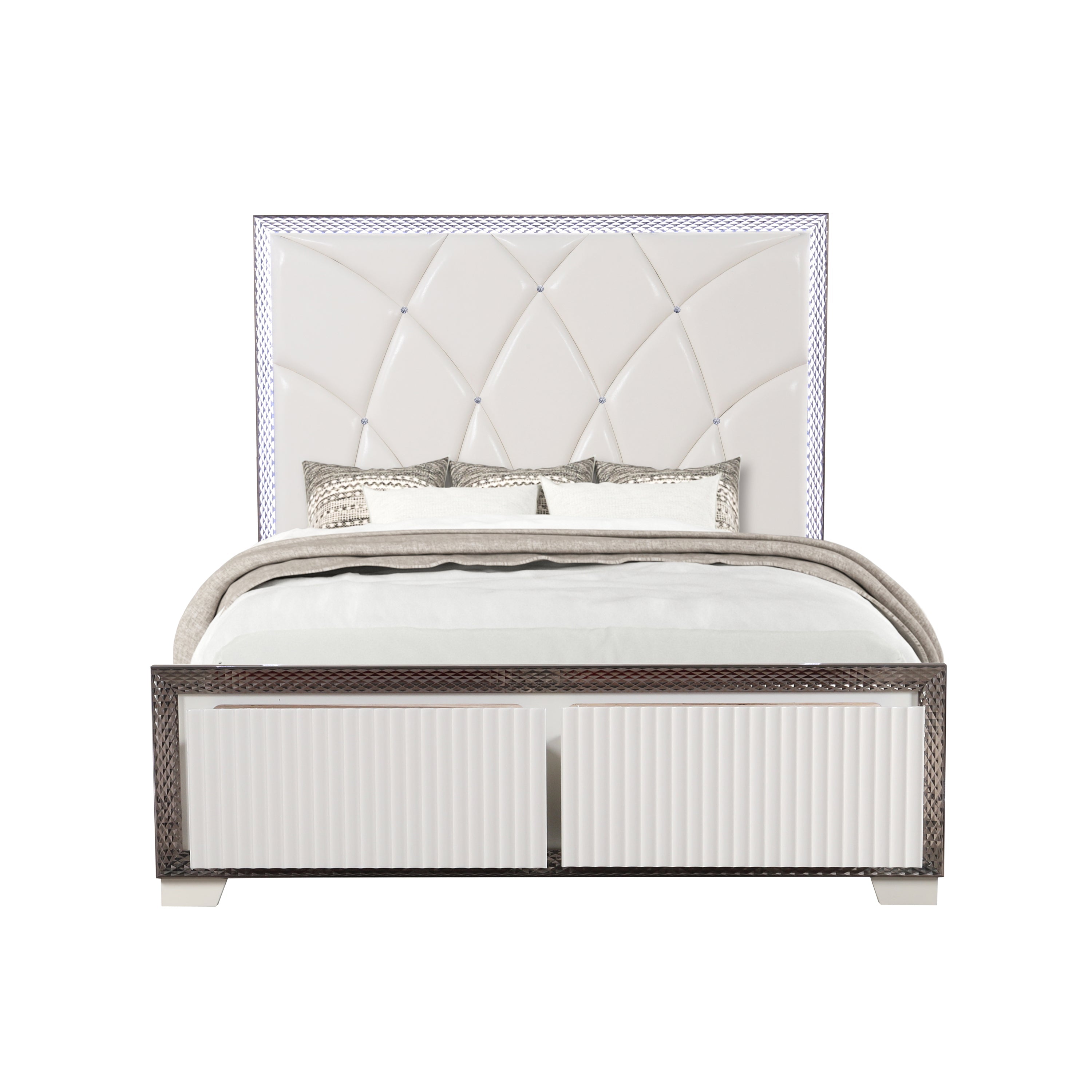 Fabio Contemporary Style Queen 5PC Bedroom set Made with Diamond-Shaped Side Accents, LED Lighting and Wood in White Finish (NJ INVENTORY)