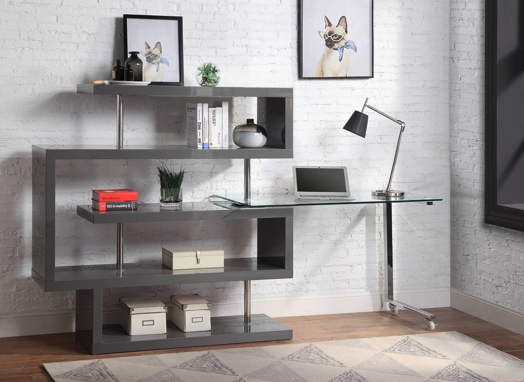 Buck II Clear Glass, Chrome High Gloss Finish Writing Desk with Shelf