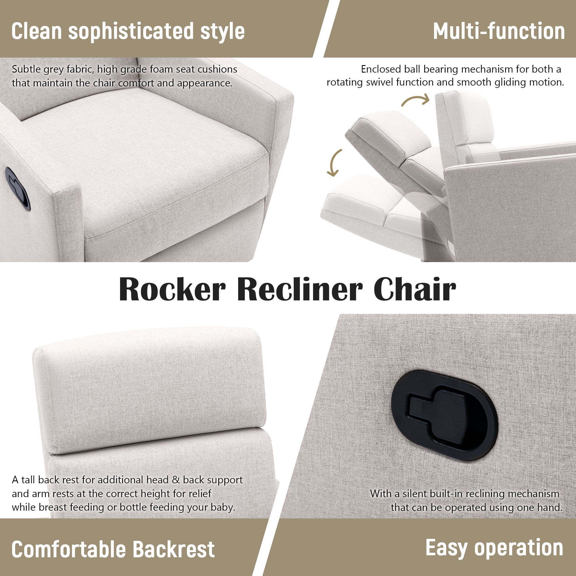 Modern Upholstered Rocker Nursery Chair with Plush Seating, Tan Linen, Swivel Recliner