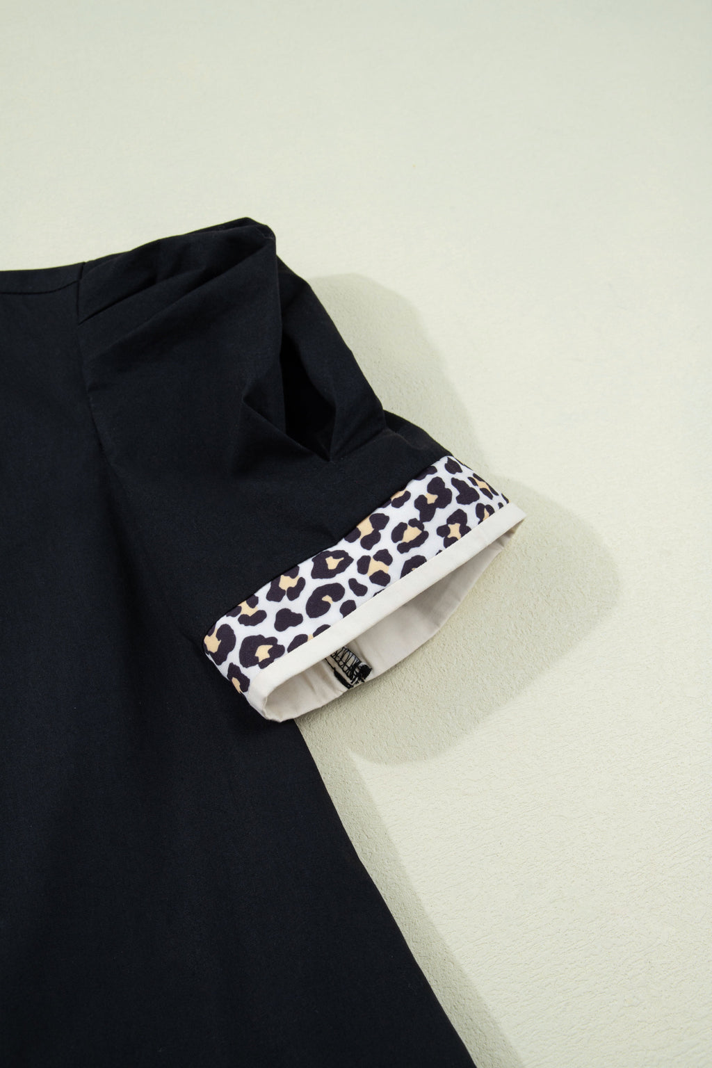 Leopard Trim Short Puff Sleeve Mini Dress