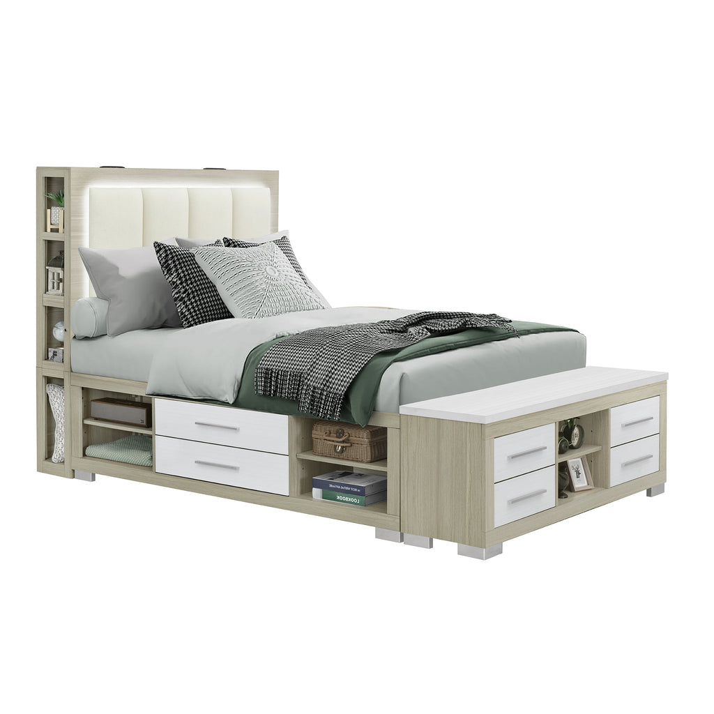 MESSA 5PC Natural-White King Bedroom Set with Bookcase Headboard and Storage in Rubber Wood