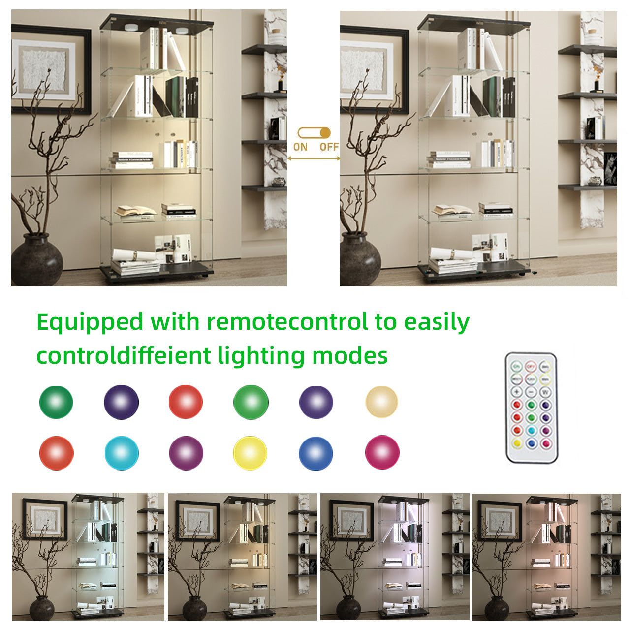 Tempered glass display cabinet,liquorcabinet,storagecabinet,filecabinet,with paipai lights,with locks,bottom equipped with adjustable feet,suitable for uneven,living room bedroom,corridor,office,black