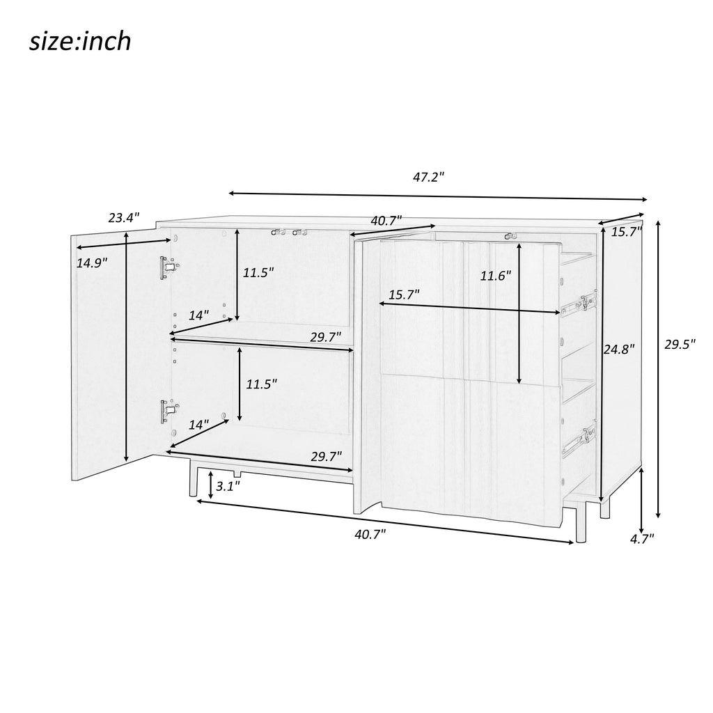 47.2' Buffet Sideboard Cabinet with 2 Doors And Drawers, Adjustable Shelf, Metal Legs Wave Pattern Kitchen Pantry Cabinets for Dining Room, Bedroom, Living Room