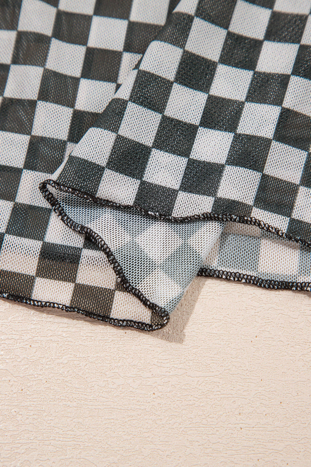 Checker Stand Neck Long Sleeve Mesh Top