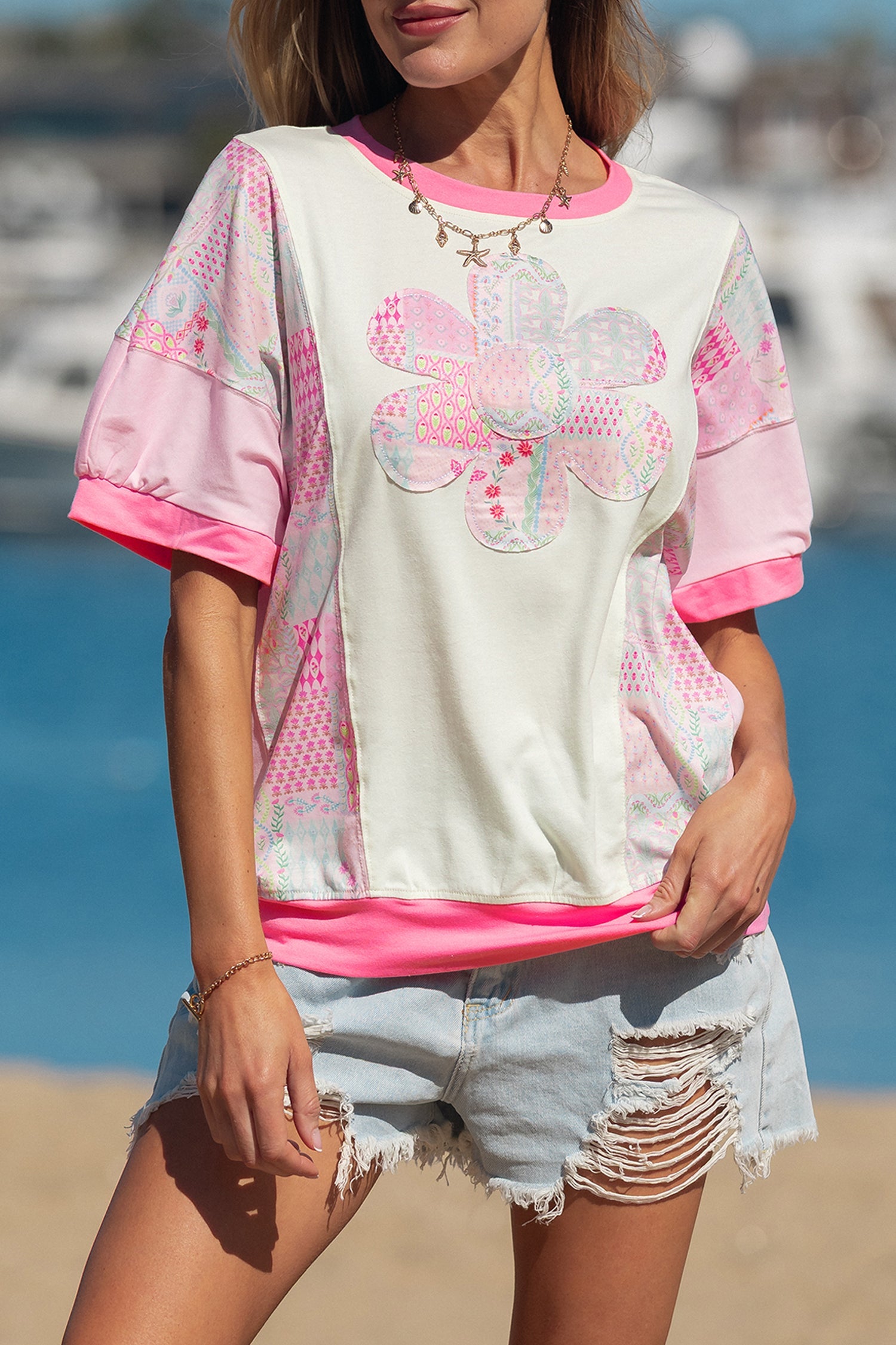Floral Colorblock Patchwork Short Sleeve Top