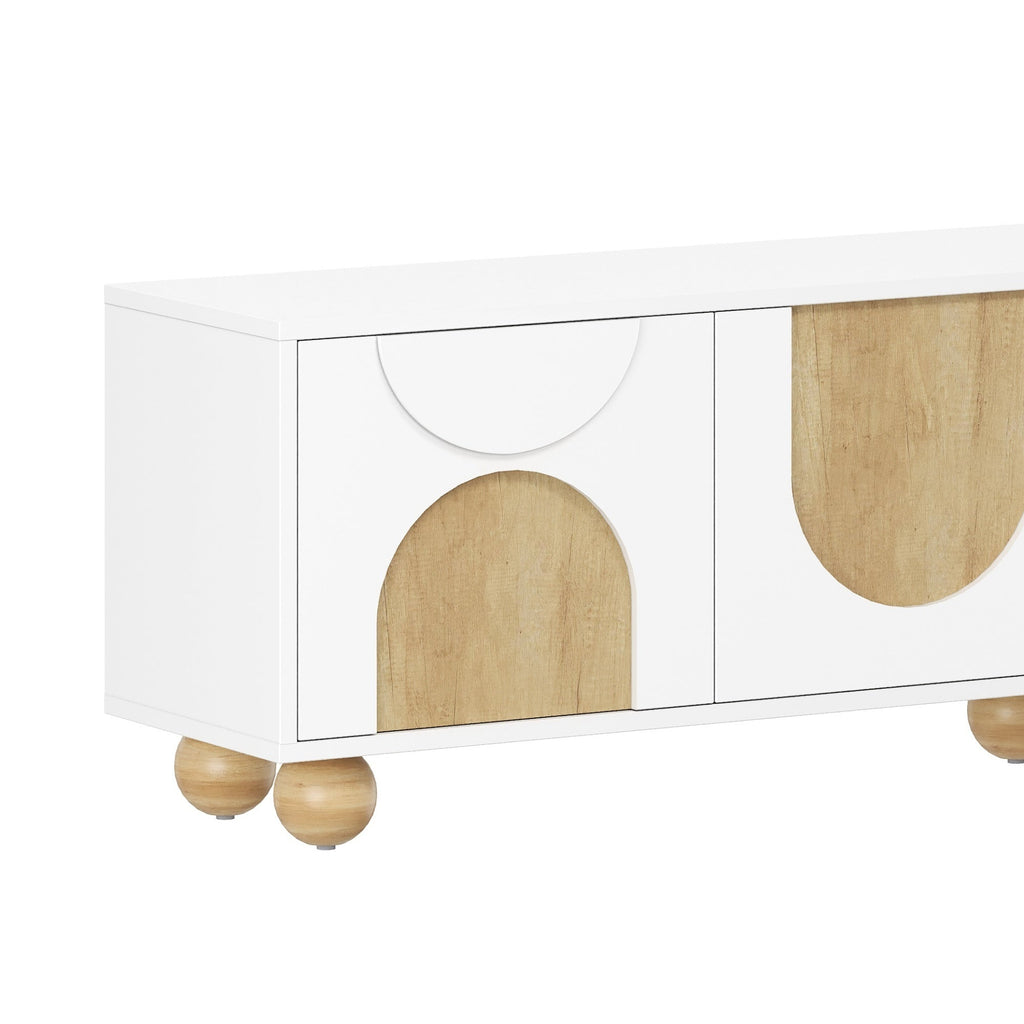 Farmhouse TV Stand with Cable Holes for TVs up to 75', Cream Style Media Console with Rebound Device, Elegant Entertainment Center with 5 Solid Wood Legs for Living Room, Bedroom, White, 69.6'W