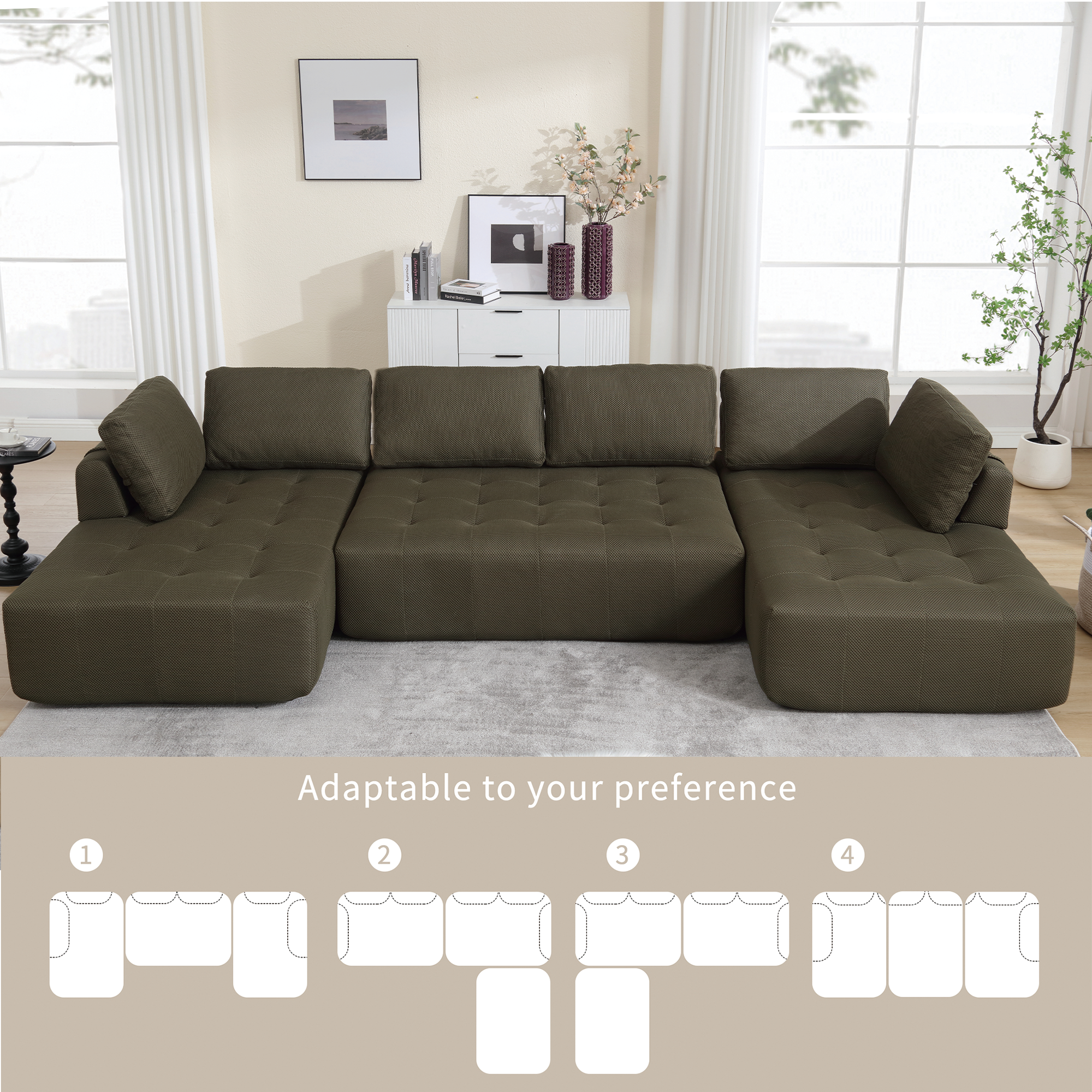 [NEW ARRIVED] [VIDEO PROVIDED]138.5 'Modular Combination Sofa, U-shaped Sofa, Living Room, Apartment, Upholstered ,6-seat Sofa, Free Combination Sofa (Mesh Fabric), Breathable Fabric,Green