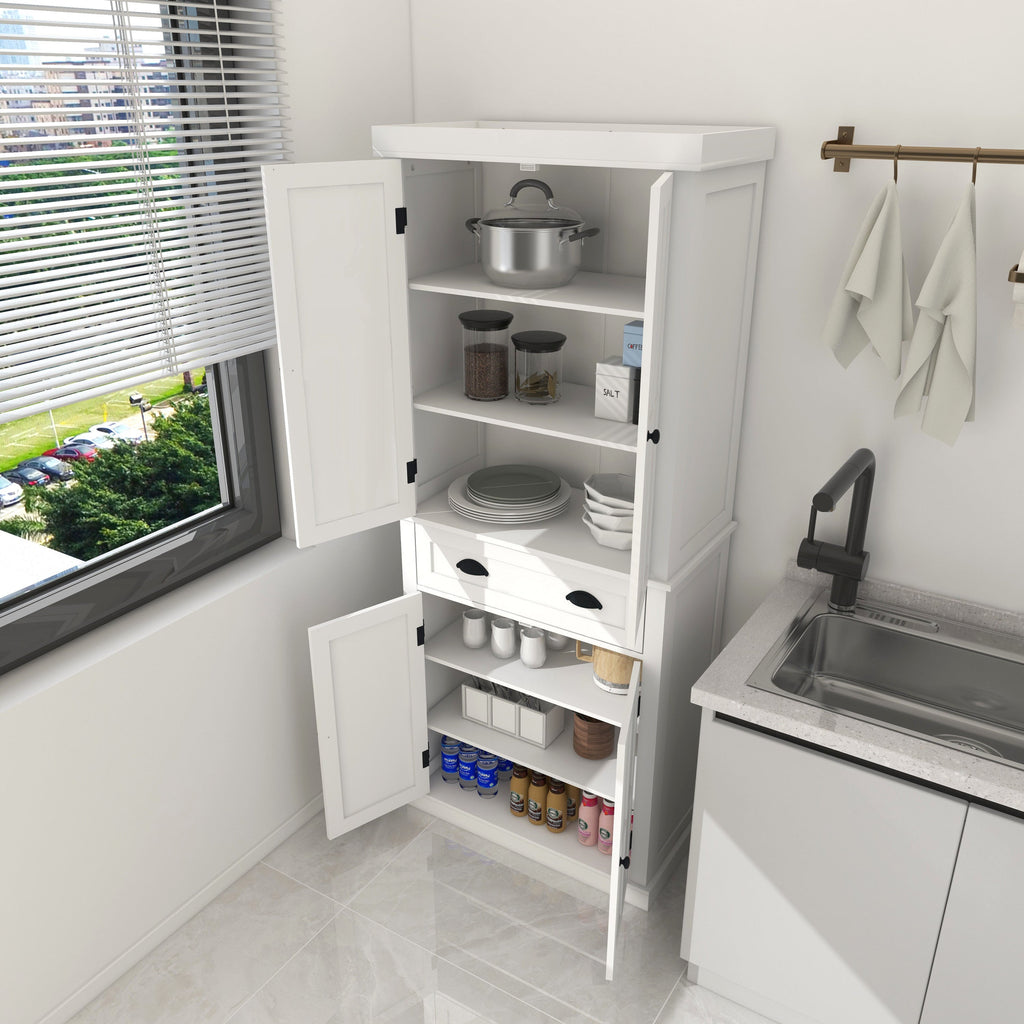 71' Kitchen Pantry Storage Cabinet , with 4 Doors, Drawer, 2 Adjustable Shelves, Freestanding Cupboard for Dining Room Living Room, Laundry-White