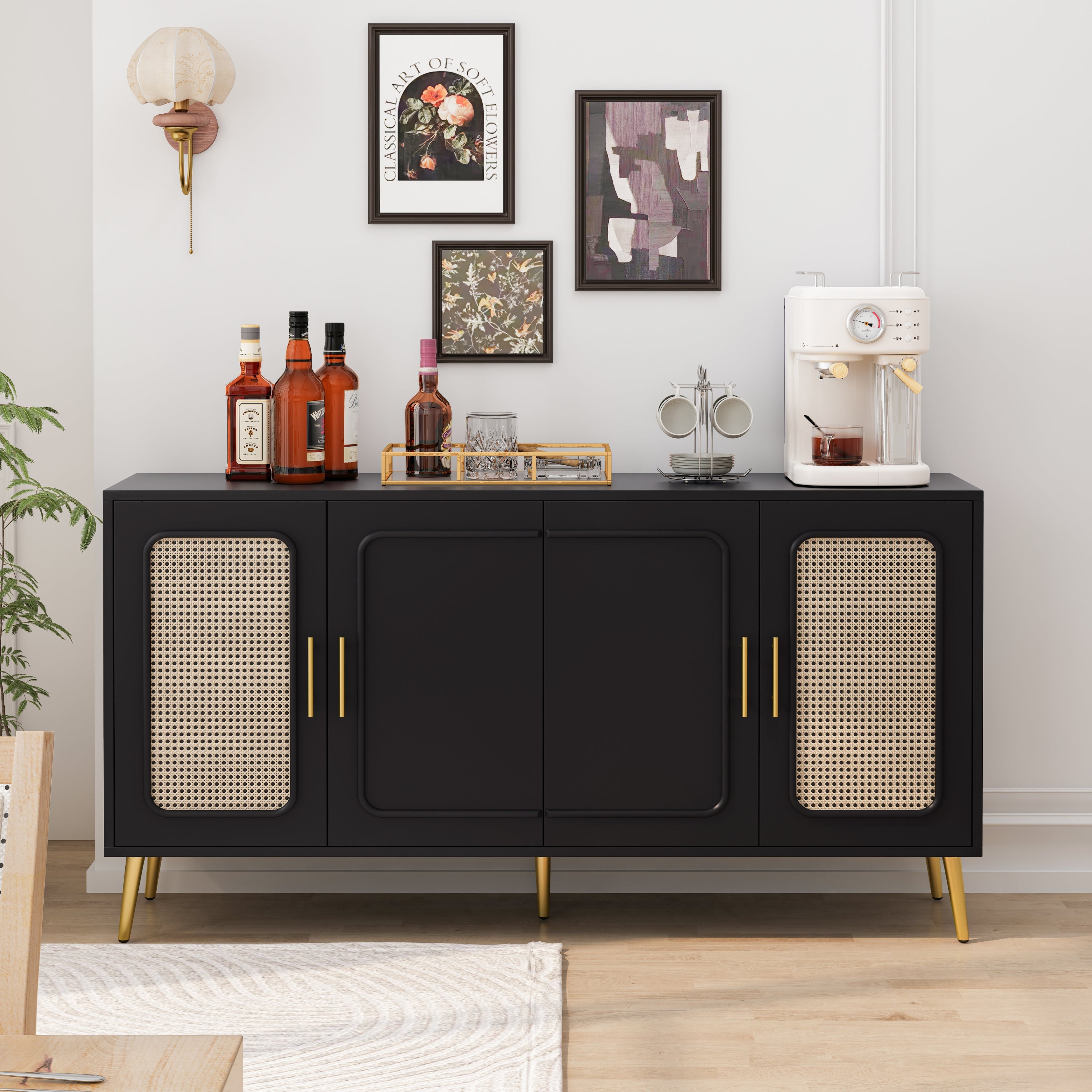 59.84' Vintage Four-Door Cabinet, Plastic Rattan, Suitable For Living Room, Dining Room, Bedroom(Black)