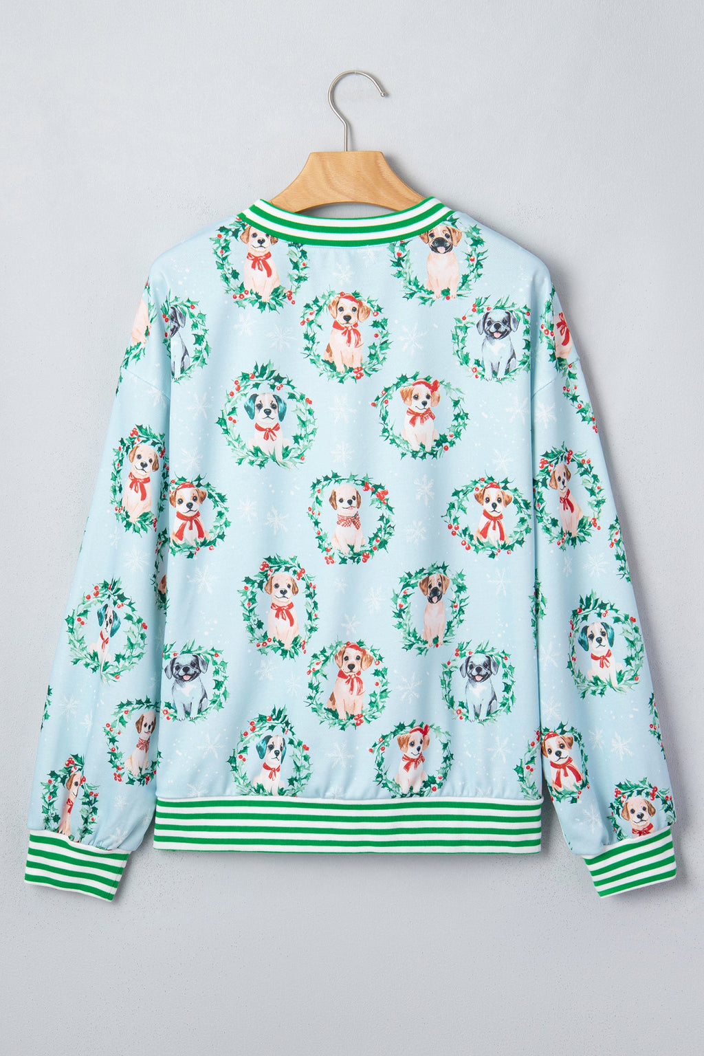 Christmas Wreath Dog Print Stripe Contrast Trim Sweatshirt