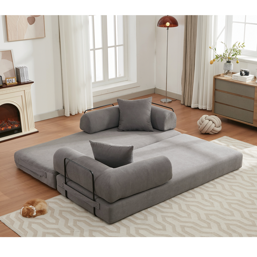 [NEW ARRIVED] [VIDEO PROVIDED] 78.5' Folding Convertible Out Sleeper Sofa Bed,4-in-1 DIY Combination Convertible Sofa,3 seat, Folding  Sofa, King Size , Bedroom,Apartment,Corduroy,Gray