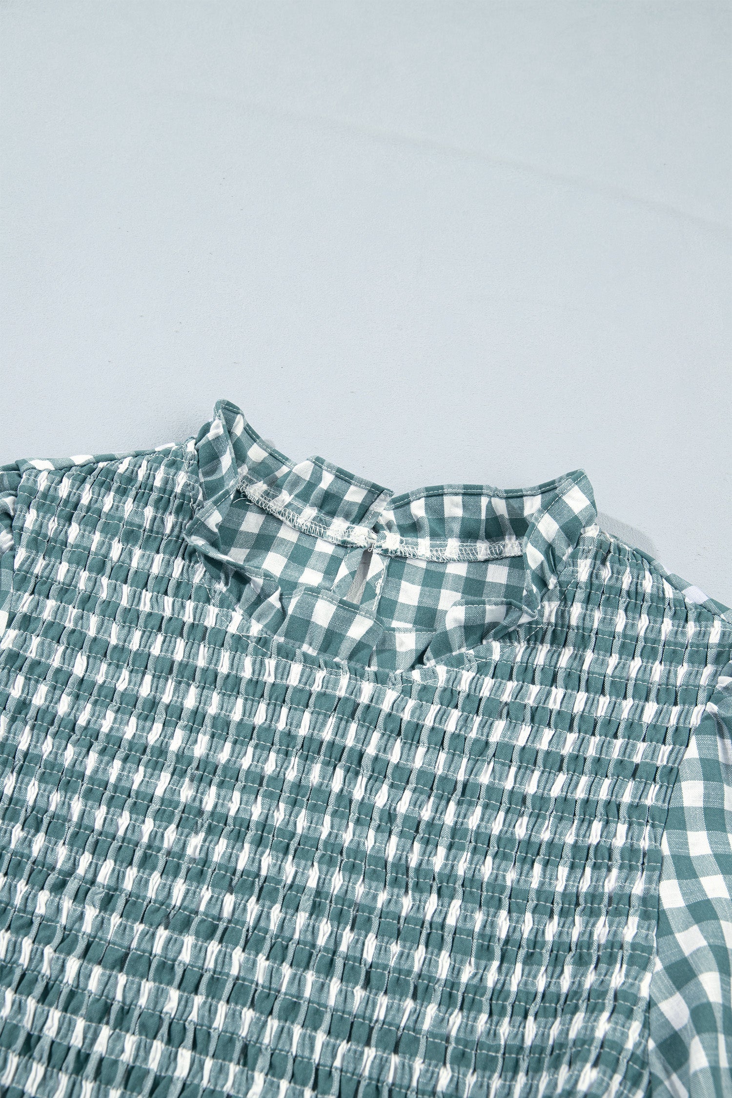 Gingham Shirred Long Sleeve Peplum Top