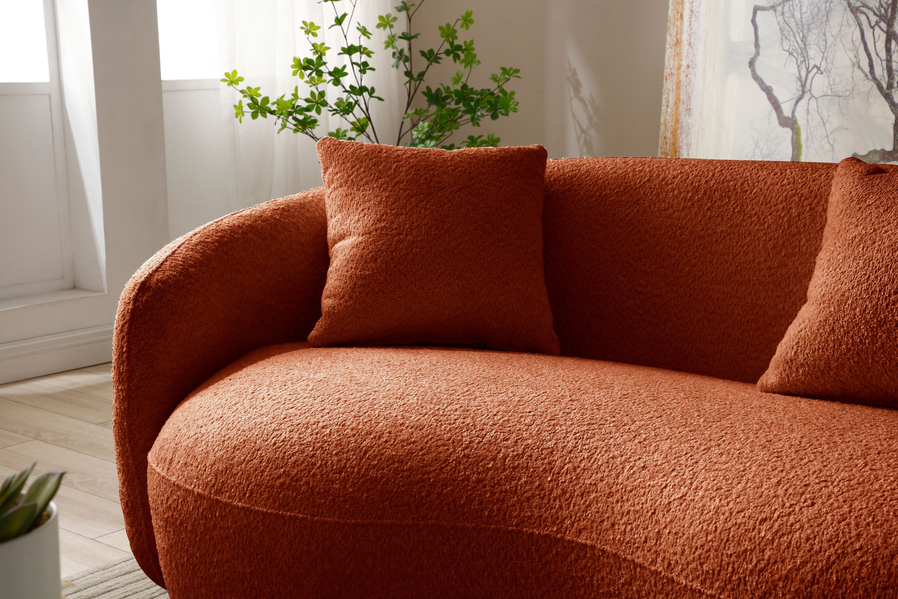 Mid Century Modern Curved Sofa,  Boucle Fabric Couch for Bedroom, Office, Apartment, Orange
