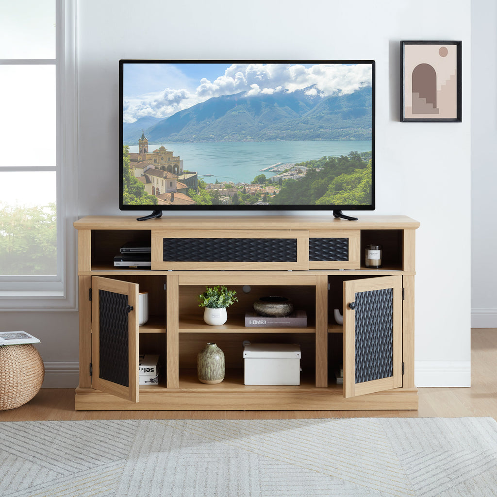 Embossed Pattern TV Stand, TV and Media Console with Open and Closed Storage Space and sliding door for Living Room & Bedroom, LIGHT OAK, 58.27'W*15.35'W*31.7H