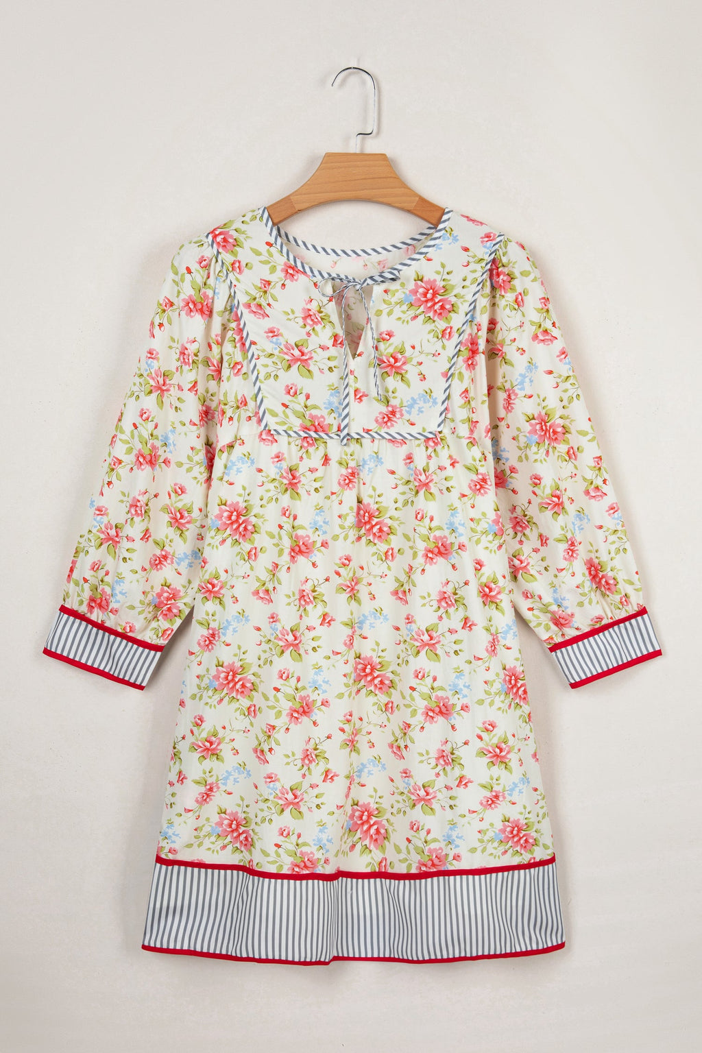 Floral Stripe Trim 3/4 Puff Sleeve Dress
