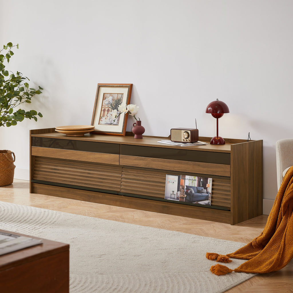 Mirod Modern TV Stand with Ample Storage,4 Drawer Design with Tempered Glass ,Built-in Charging Ports and Ambient LED Lighting ,Versatile for Any Decor Style
