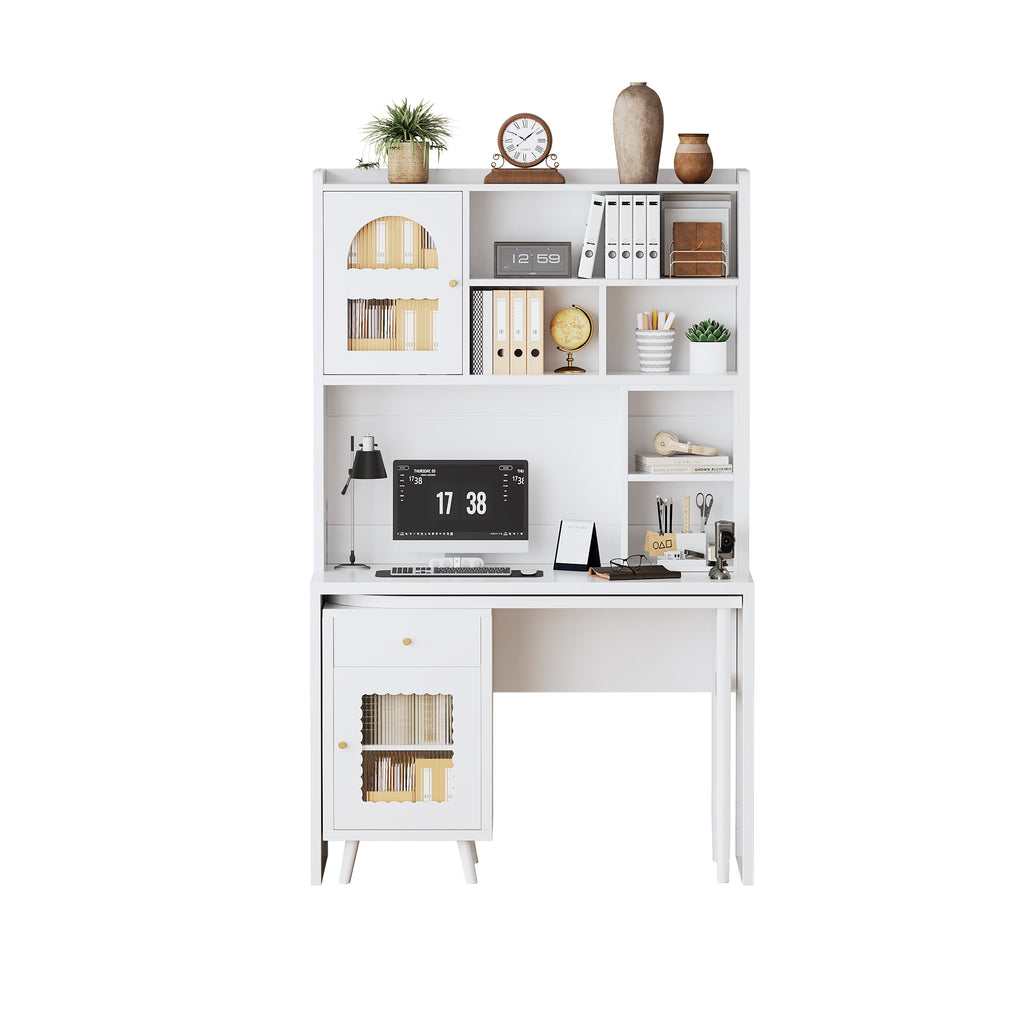 Computer Desk with 90 Degree Rotating Desktop, 43x70 Inch Office Desk with Storage Drawer and Cabinets, Gaming Desk with Shelves, Writing Desk for Study, Work Desk for Home Office Bedroom Living Room