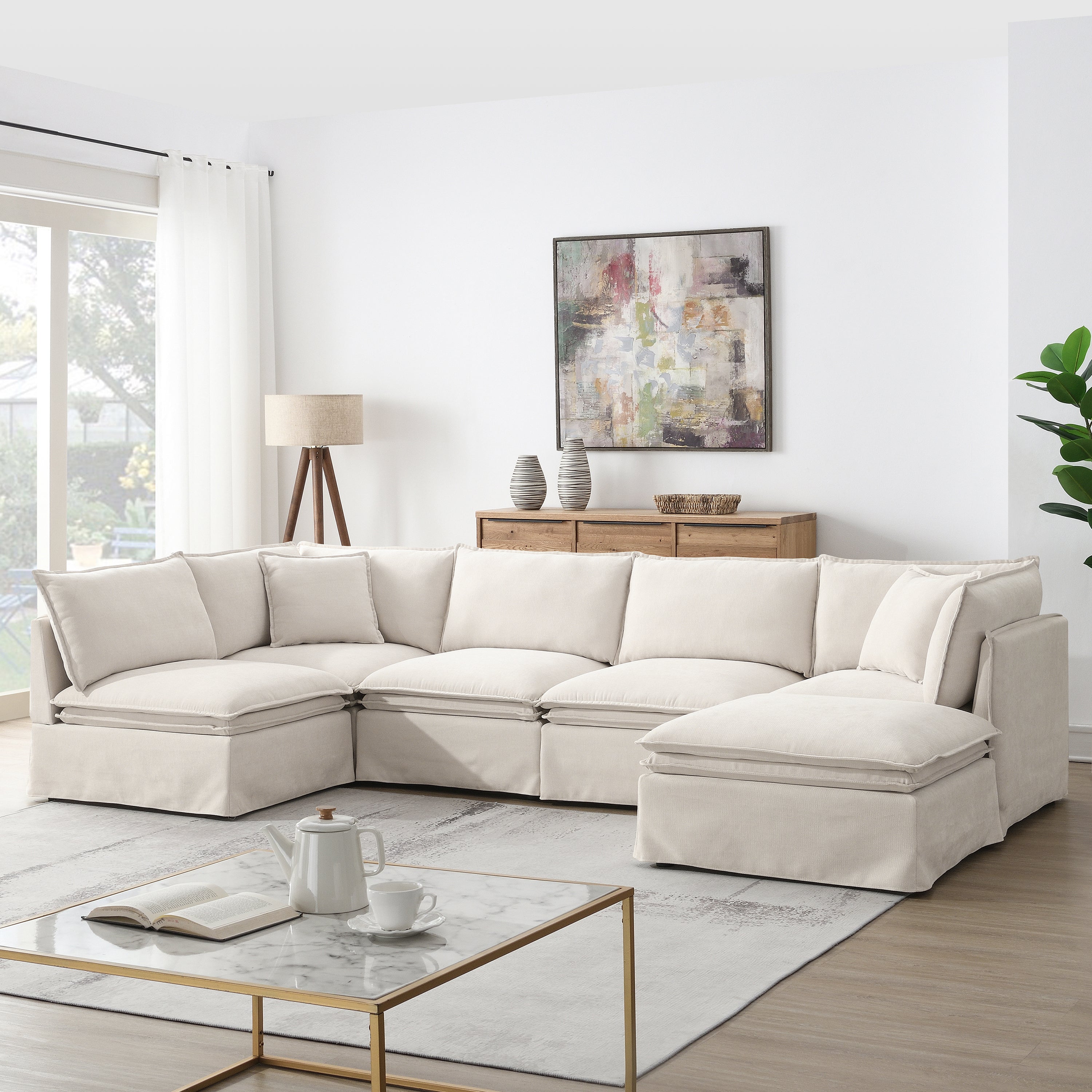[VIDEO+NEW]125.5'' Modular Sectional Sofa with Movable Ottoman,6-seat L pholstered Indoor Furniture, Wide Seat ,Free Combination, Oversized Chenille Sofa for Living Room & Apartment,2 Colors