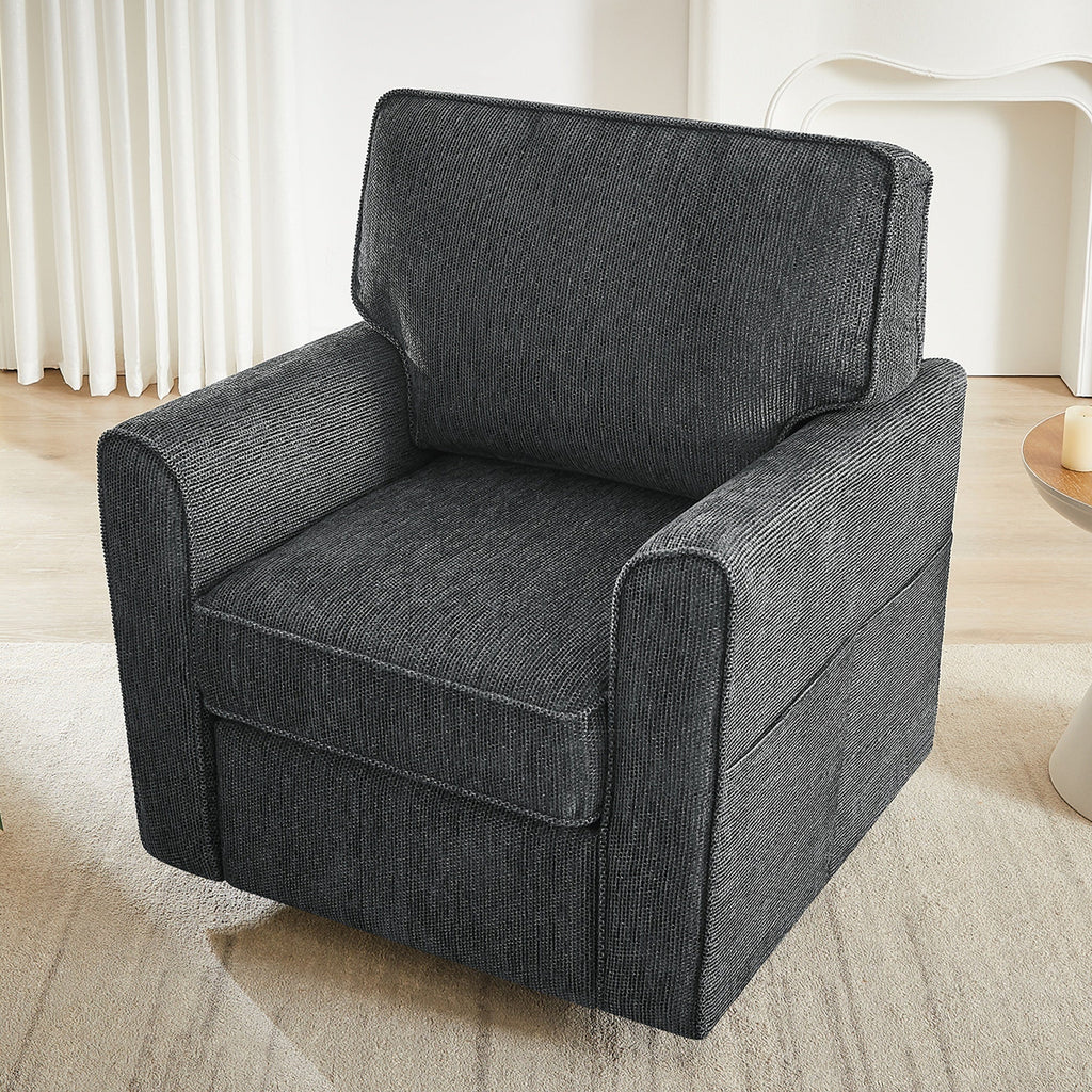360° Swivel Chair Accent Barrel Armchair with Side Pockets, Grey Chenille, Compact Design for Living Room, Bedroom, Office