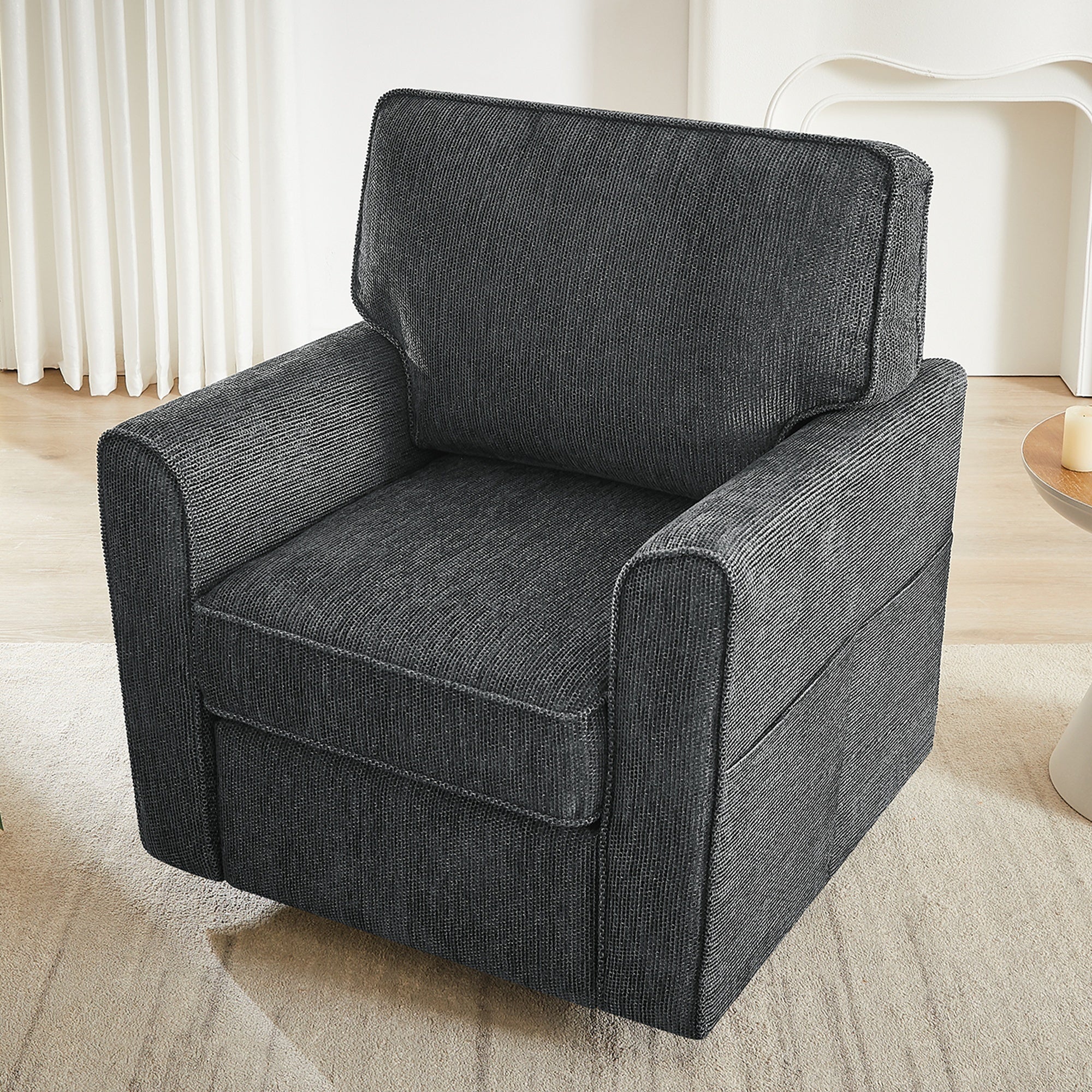 360° Swivel Chair Accent Barrel Armchair with Side Pockets, Grey Chenille, Compact Design for Living Room, Bedroom, Office