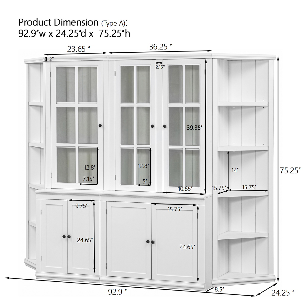 Retro Style Wall Suit with Glass Doors, 75.25'' Tall Display Cabinets & Triangle Sided Bookshelves, White